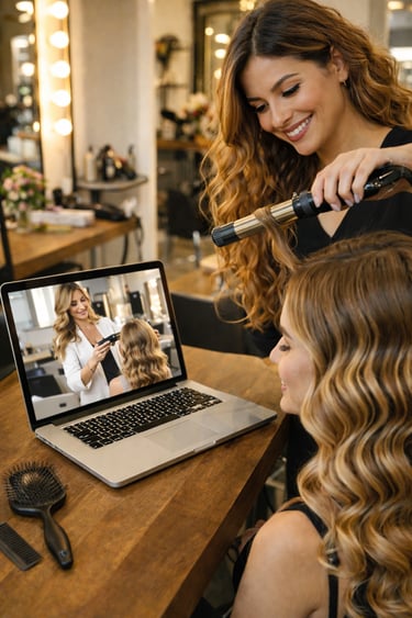 Estilista profesional que utiliza un rizador en un cliente durante un tutorial de peinado