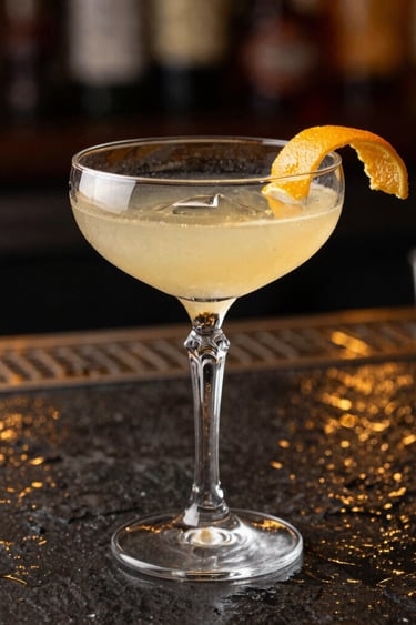 High-end editorial photography of an exquisite craft cocktail served in a vintage crystal coupette. The glass is garnished with a delicate orange peel twist. Placed on a dark, wet slate surface with soft golden reflections from warm, moody background lighting. Luxury, professional style, South American boutique bar setting.