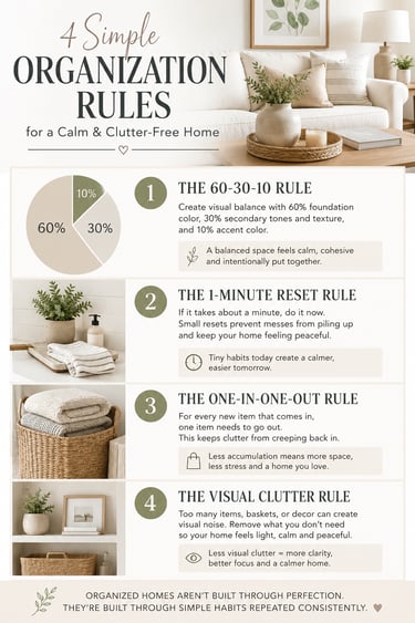 Home organization infographic explaining the 60-30-10 rule for decluttering, storage, and creating a