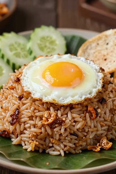 An appetizing close-up photograph of a fresh plate of Javanese fried rice served warm on a banana leaf plate. Topped with a sunny-side-up egg, sliced cucumbers, and crispy fried shallots, with classic crackers on the side. Warm light accents the rich brown color of the dish.