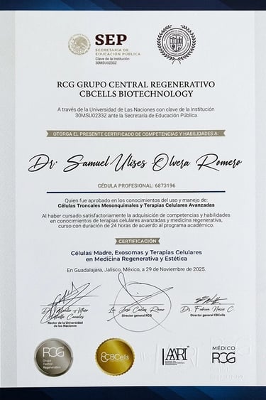 Doctors certification of regenerative medicine Dr. Samuel Olvera