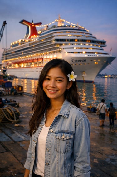 A cruise ship crewmember pose in front of a lit Carnival cruise ship at night.