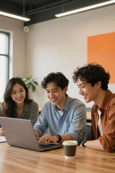 An energetic creative startup team in a North American / US loft office collaborating over a laptop, smiling warmly on a bright afternoon. The decor features warm wood tones, smooth cream walls, and pops of energetic orange.