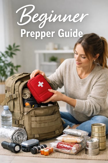 A woman packs a first aid kit and survival gear into a tactical bug out bag for a beginner prepper guide.