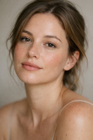 A young woman with freckles and brown hair wearing natural makeup in a close-up portrait.