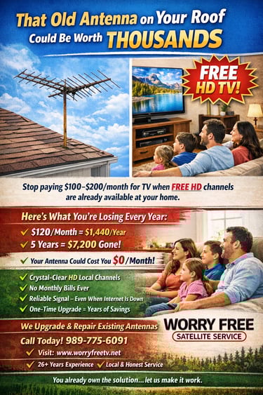Family watching free HD TV using a rooftop antenna with Worry Free Satellite Service.