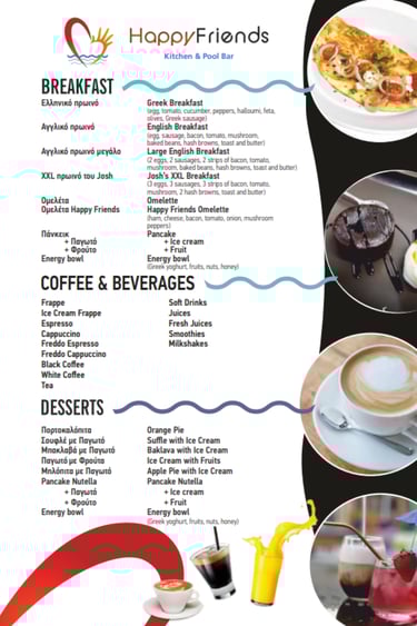 Menu for Happy Friends Kitchen and Pool Bar featuring breakfast, coffee, beverages