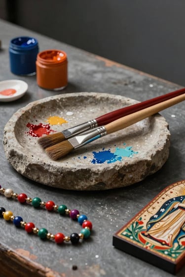 Detailed tabletop art photography of an artisan studio table in Latin America / Chile, with paintbrushes resting on a stone mixing tray, tempera paint smudges, handmade colorful necklaces, and delicate painted wooden religious art. Dark grey background, elegant cinematic lighting.