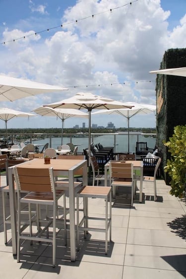 Rooftop restaurant patio with white umbrellas and wooden tables overlooking a waterfront city skyline.