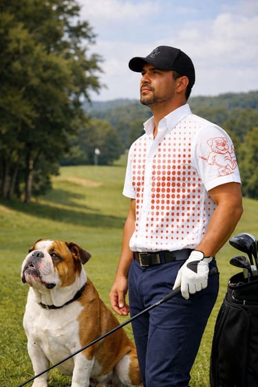 A golfer looks out at a golf shop on a golf course with his trusted bulldog dog best friend.