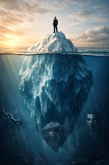 Businessman standing atop an iceberg with hidden depths, chains, and masks representing success and mental health.