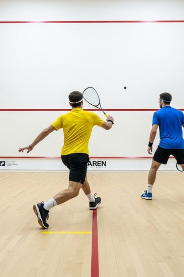 two men playing squash in a squash court