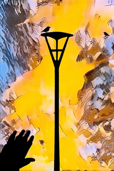a person reaching out a hand towards a lamp post