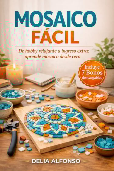 Mosaico Fácil book cover showing colorful tile art, crafting tools, and mosaic supplies on a wooden table.