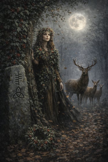 Holly Queen under a full moon at Samhain