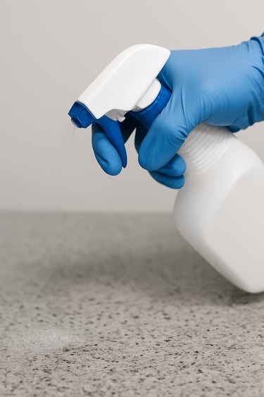 a person in gloves and gloves is holding a spray bottle