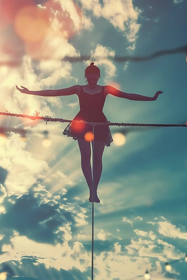 femme funambule qui marche sur un fil suspendu à la manière du fou dans le tarot