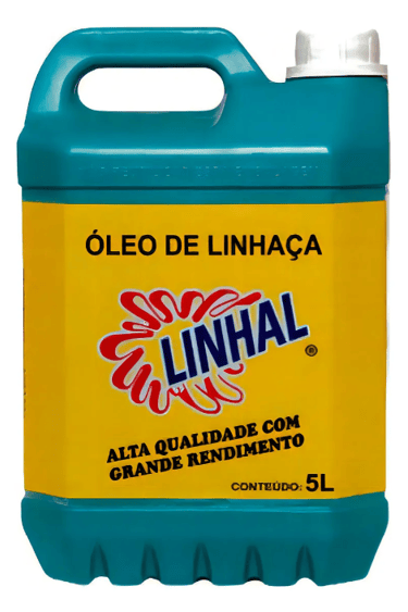 5-liter teal container of Linhal Linseed Oil for wood treatment and protection.