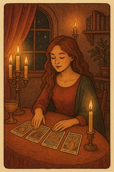 Lectrice de carte de tarot éclairée à la bougie