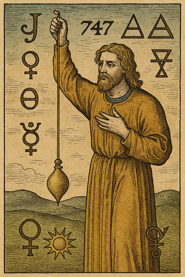 medieval styled image of a person holding a pendulum surrounded by esoteric symbols.