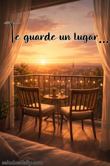 Dos sillas colocadas juntas en un balcón con vista a un atardecer dorado, cielo naranja y ciudad 