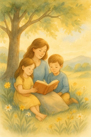 Ilustración en acuarela de una madre leyendo con sus hijos, estilo cálido y familiar.