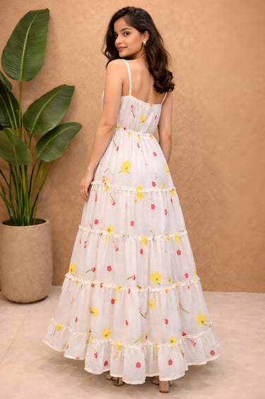 Woman wearing a white floral tiered maxi dress with thin straps and ruffled hem.