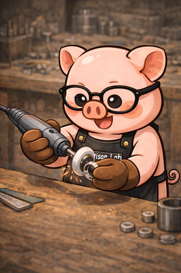 The Artisan Lab Designs mascot Milo is polishing the silver ring