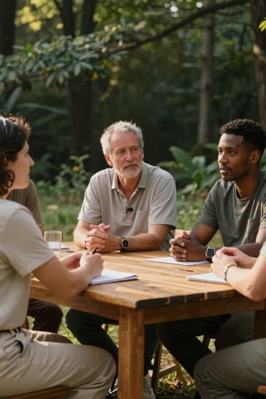A group of diverse leaders conversing outdoors around a simple wooden table in a Global / Sustainable & Impact Community retreat setting. Warm natural afternoon light, deep forest green foliage in the background, accents of warm sand and soft sage green in natural textiles. Documentary photography style, candid and thoughtful expression.