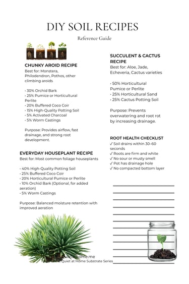 Free DIY soil recipe guide download from Quiet at Home, a printable houseplant care guide that teach