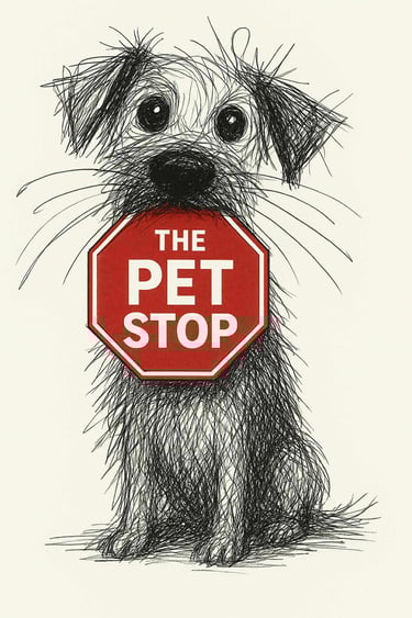 A small, wiry haired dog holding a sign that says 'The Pet Stop'