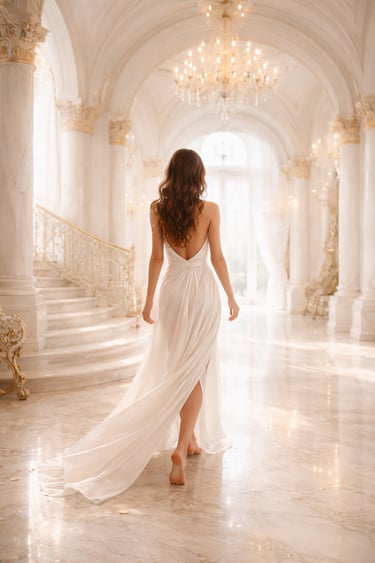 Barefoot woman walking through a golden palace representing sovereignty and power without surrender 