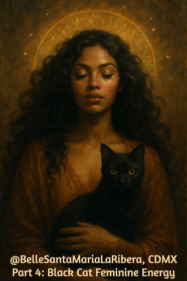 serene woman black cat with golden eyes, surrounded by warm golden light. belle.com.mx