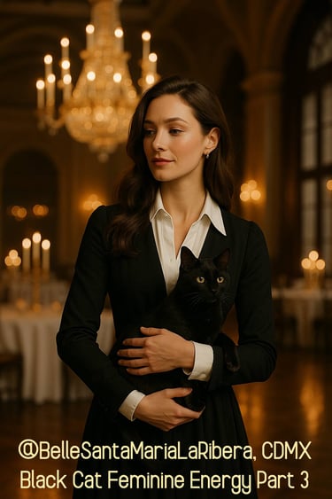 Elegant woman embodying mysterious Black Cat Feminine Energy. belle.com.mx