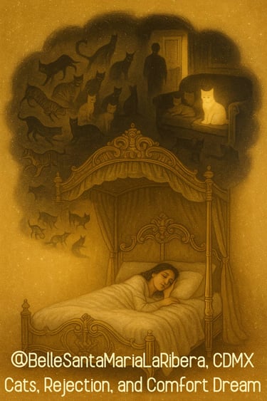 a golden canopy bed with a dark cloud above showing many cats, a scene of rejection, and comfort