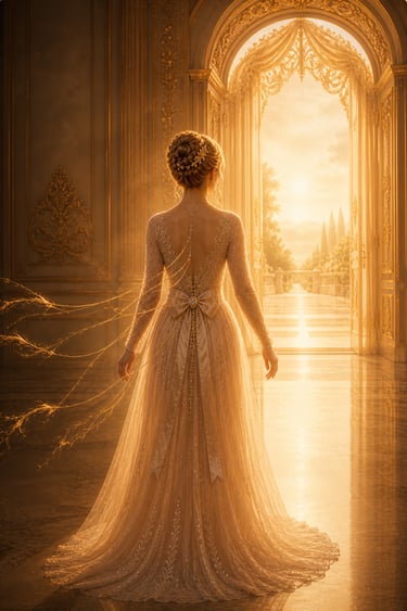 Elegant woman with cords attached to her back are being cut. She is wearing a golden dress with golden arches in front of her