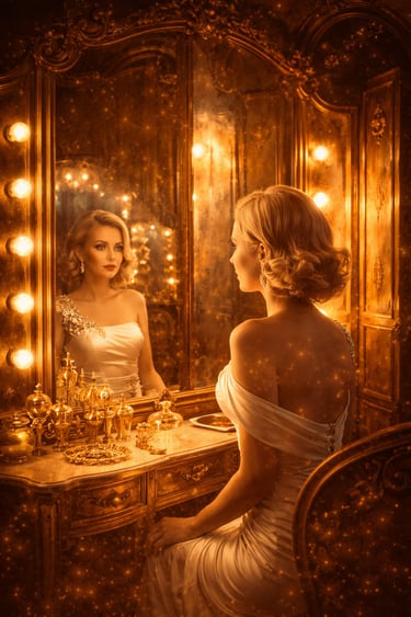 A glamorous woman in an Old Hollywood dressing room sits at a vanity with glowing mirror lights
