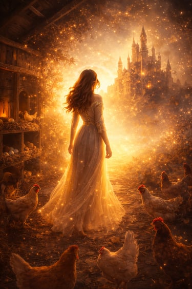Woman standing in a rustic hen house as it transforms into a glowing castle, symbolizing growth