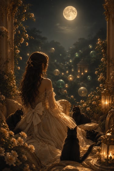 brunette woman with four black cats around her iwth a full moon outside her rose covered window looking at light orbs