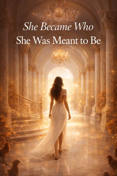 elegant woman walking down a marble corridor with crystal chandeliers above and chickens at her feet as she walks to light