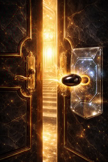 black marble palace doors opening as a small oval black pearl orb key fits into a hidden slot reveal