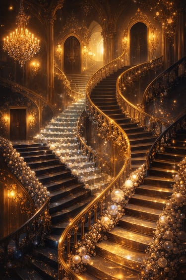 Surreal dream palace with black velvet staircases, golden accents and crystal reflections symbol