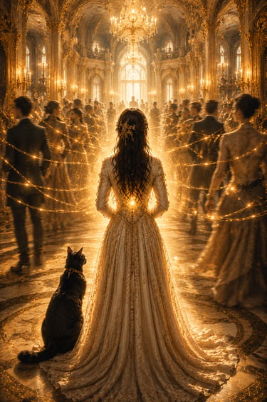 woman with black cat at her side in a golden hall with golden strings connecting her to others in the hall