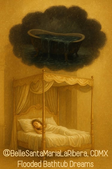 a golden canopy bed with a dark cloud above showing an overflowing bathtub spilling murky water