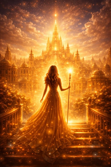 Woman holding a glowing staff standing before a radiant golden city, symbolizing destiny-divine time