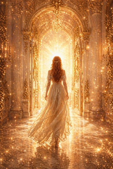 Woman in flowing gown walking into glowing golden light through ornate hallway, symbolizing transformation & spiritual awaken