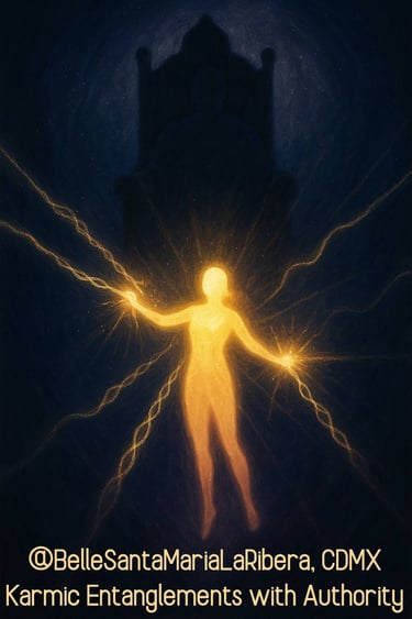 figure breaking cords tied to a shadowy throne, symbolizing release from karmic entanglements