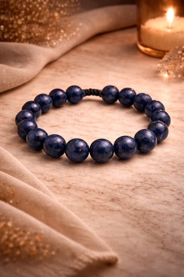 8mm lapis lazuli bracelet deep blue natural stone with gold flecks on marble warm light