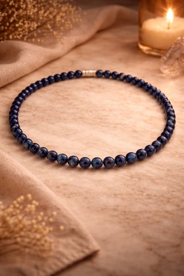 lapis lazuli necklace 6mm with 925 silver clasp deep blue natural stone on marble with warm light