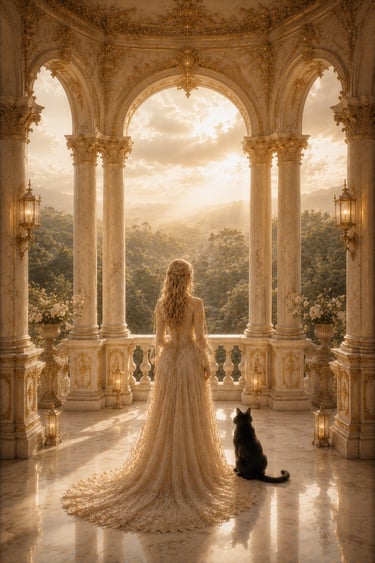 blonde elegant woman looking at a forest of green trees from a rococo balcony. Black cat to her right